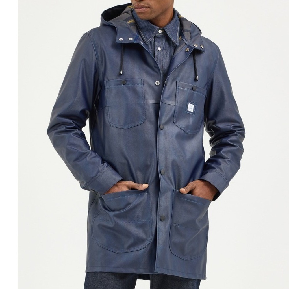 NWT Stutterheim x Lee Stockholm Raincoat Navy Hooded Long Jacket Mens Size Small